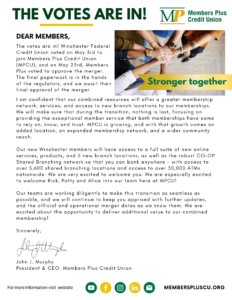 Notice about the Winchester Merger stating The Votes Are In! And goes on to say that both memberships have voted to approve the merger, and that it is now in the hands of the regulators. There is an image of several people with hands together with a banner over it that reads Stronger Together. (PDF on Page)